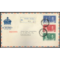 FF0049 Hong kong 1937 Coronation FDC Herringbone cds.Post to Canton with arrival cds.